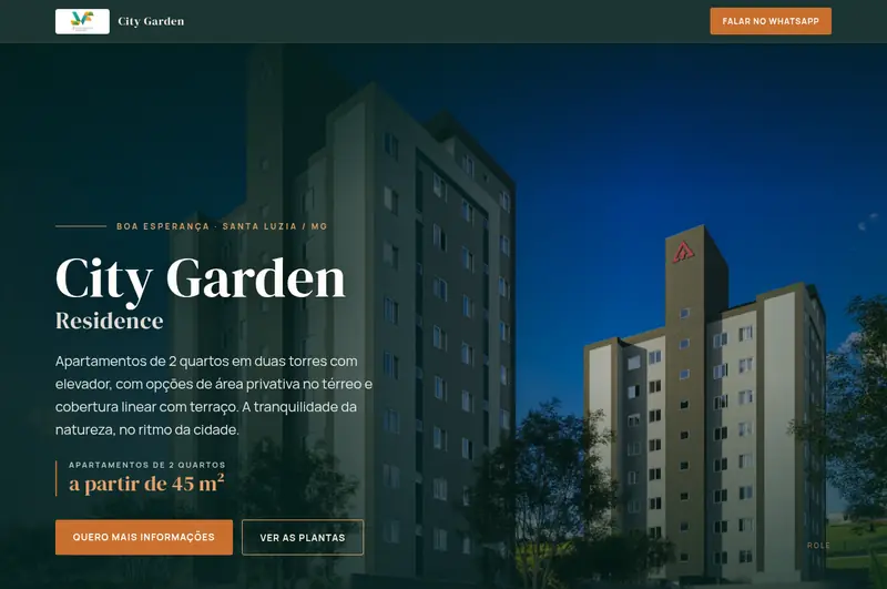 Página de lançamento do City Garden Residence: fachada das duas torres e chamada de apartamentos de 2 quartos a partir de 45 m²