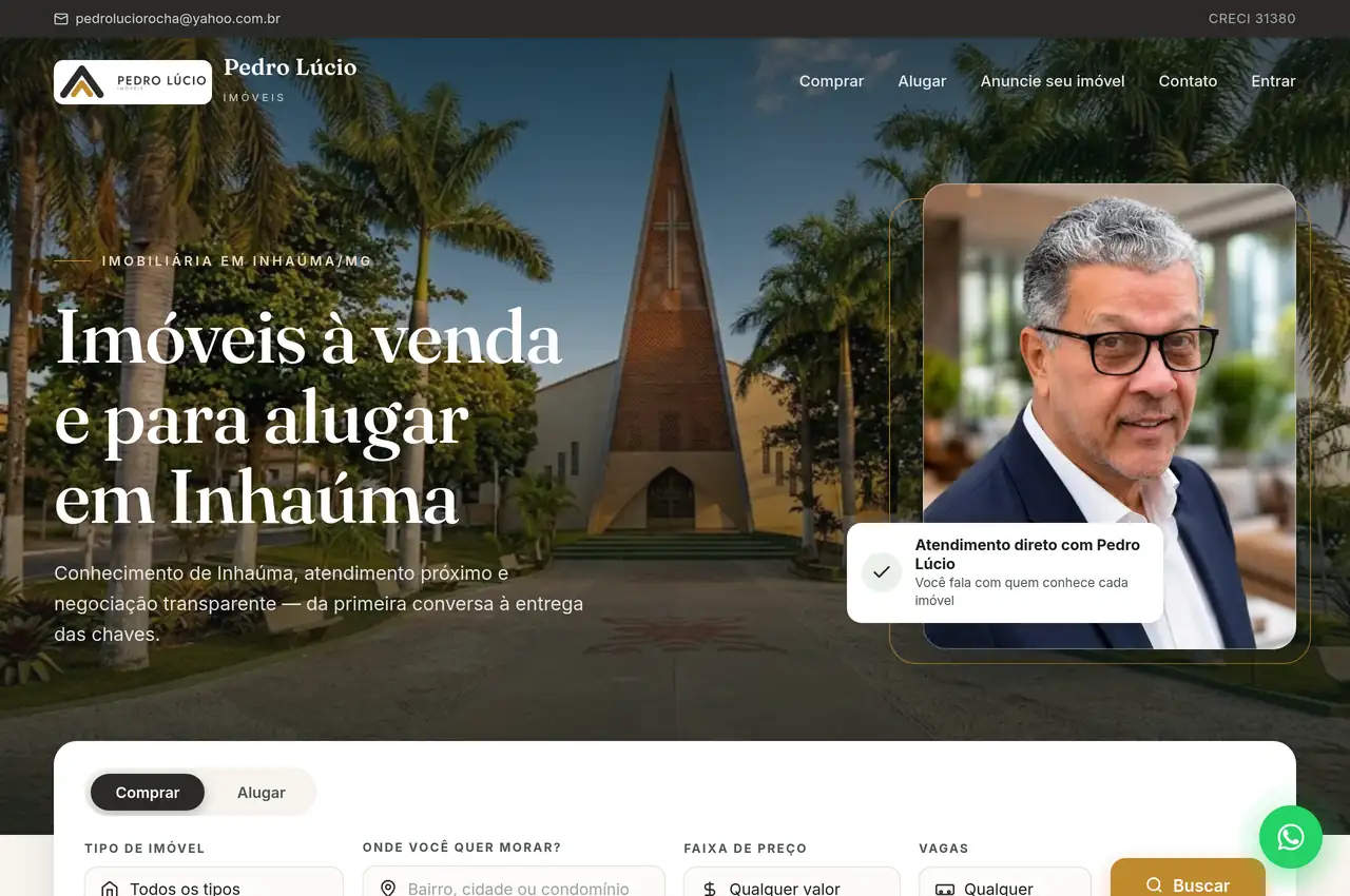 Página inicial do site de Pedro Lúcio Imóveis em pedrolucioimoveis.com.br: imóveis à venda e para alugar em Inhaúma/MG, com busca sobre foto da igreja matriz