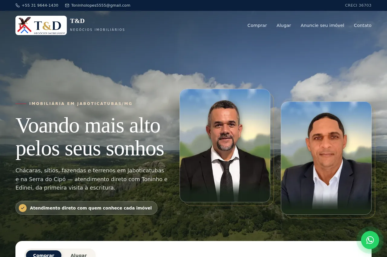 Página inicial do site da T&D Negócios Imobiliários em tednegociosimobiliarios.com.br: chácaras, sítios, fazendas e terrenos em Jaboticatubas/MG, com os retratos de Toninho e Edinei sobre foto da Serra do Cipó